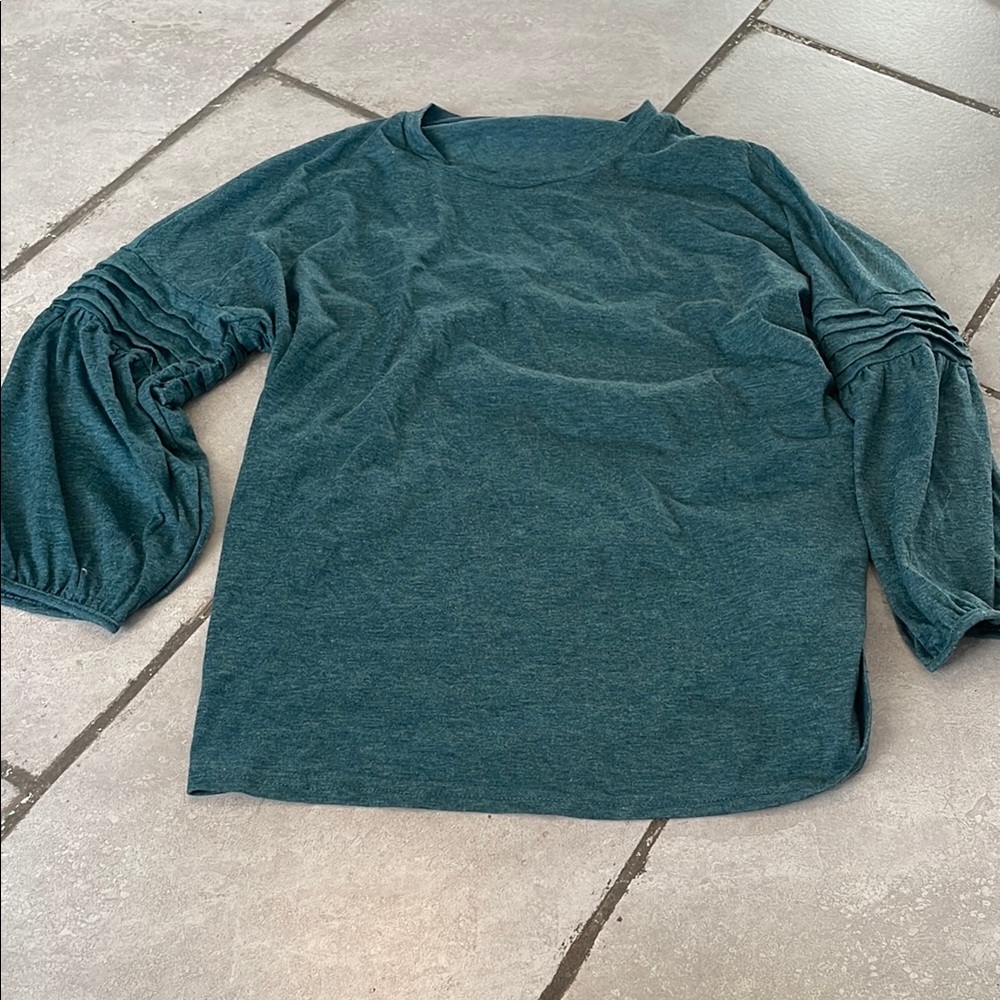 Teal Long Sleeve Top with Ruched Sleeves